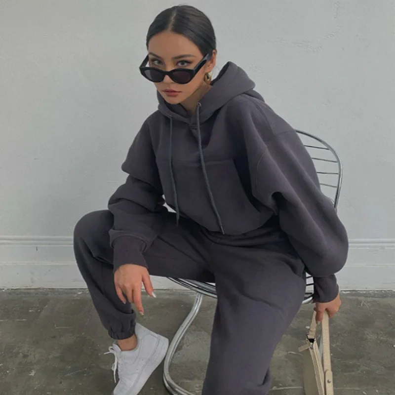 Two Piece Set Women Hooded Sweatshirt Pant Sets Solid Full Sleeve Thick Tops Pullover Pockets Midi Waist Trousers Sporty Suit