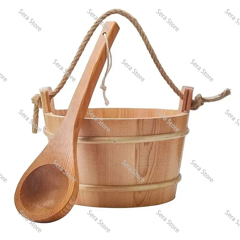 4L Wooden Bottom Sauna Bucket Matching Wooden Spoon Complete Sauna Accessory Set for Dry Steam Room