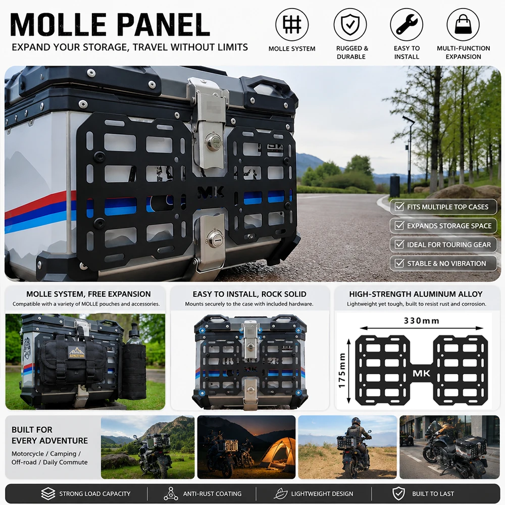 Motorcycle MOLLE Panel Front Mount Plate For Aluminum Top Case – Expandable Storage Rack for Tool Bags & Adventure Gear