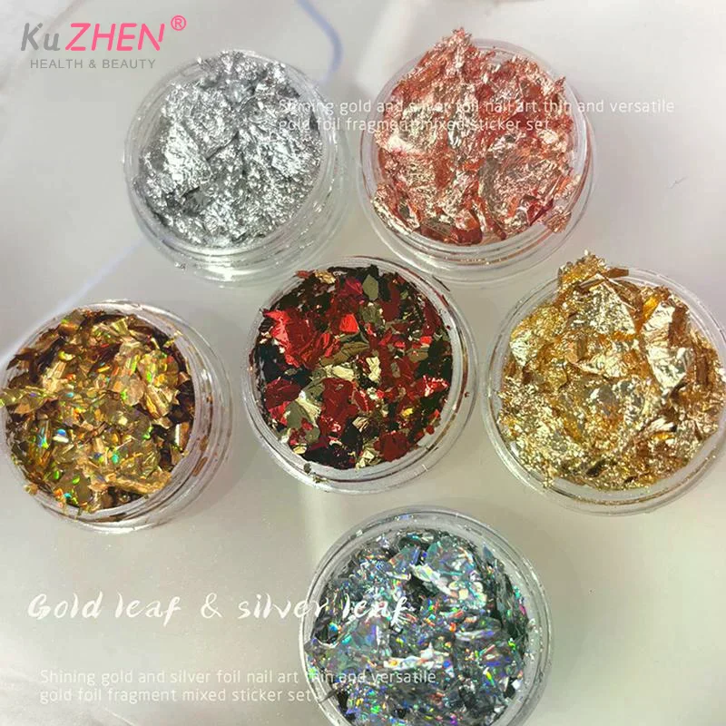 6 Jars Nail Flakes Gold Foil Paper Set Gold Silver Irregular Paillette Nail Art Sequins Decorations Glitter Sticker For Manicure