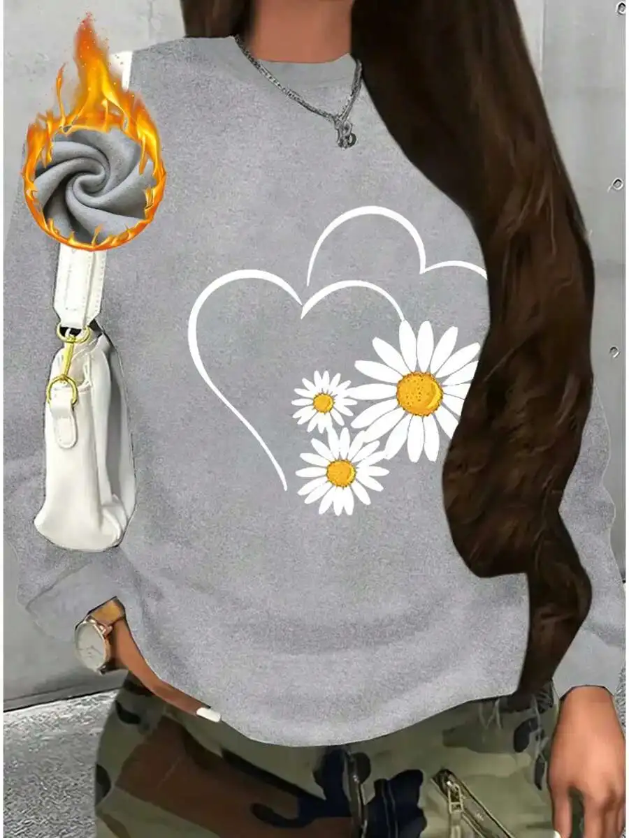 Women Lined Thickened Crew Neck Sweatshirt, Cartoon Daisy Graphic Print Pullover, Casual Long‑Sleeve Tops For Cold Weather Daily Wear
