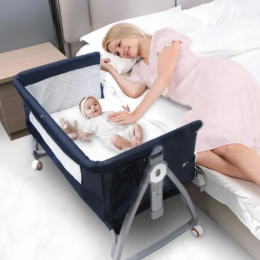 

Bedside Bassinet, B aby Bassinet for Newborn, Bedside Crib Sleeper with Storage Basket and 4 AutoLock Wheels, Adjustable Height