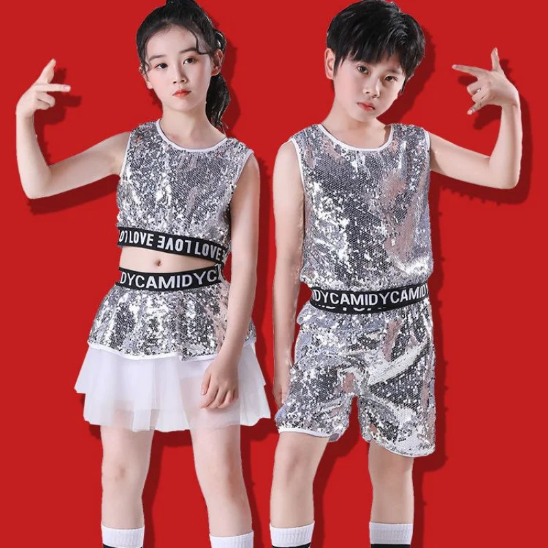 2023 Fashion Boys Hip-hop Set Girl Silver Color Jazz Dance Costume Children Performance Clothes Dance Costume Cool Rave Outfits