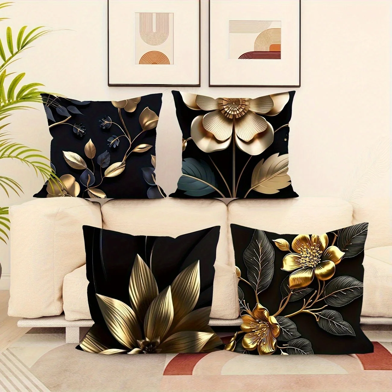 Juego  4 Fundas  Almohada Mornas  Terciopelo Floral, Varios Tamaños, Estampado en y Dorado por una Cara, Fundas  Cojín