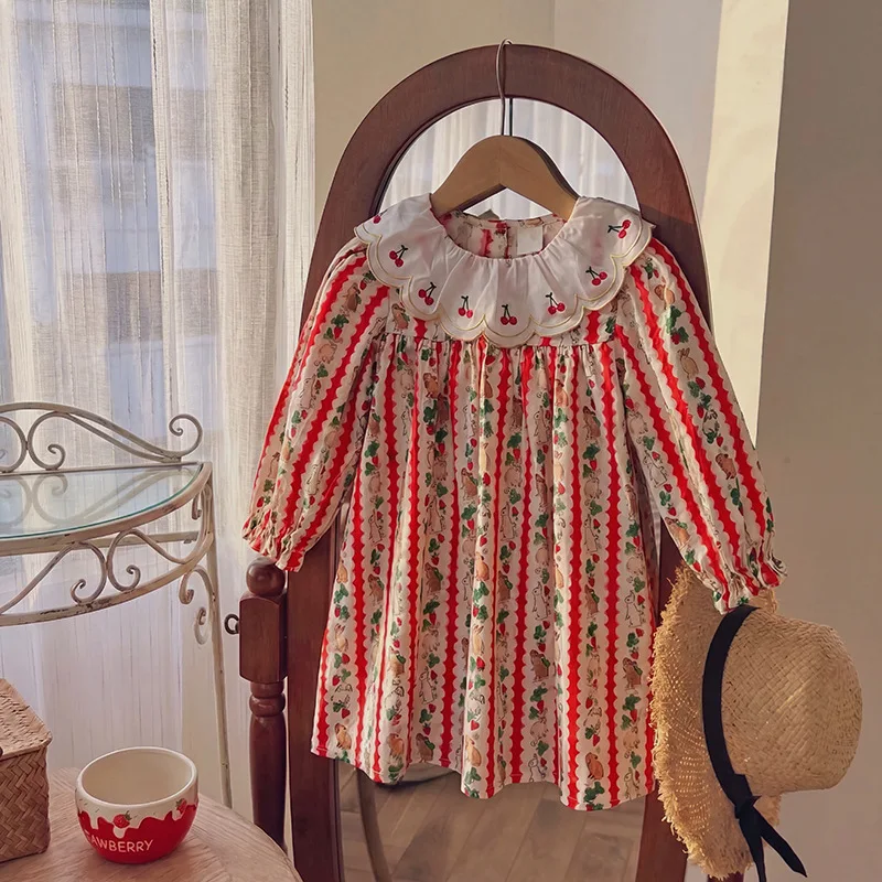 2026 Autumn New French Style Girls Plaid Dress Cherry Embroidery Turn‑down Collar Lace Ruffle Long Sleeve Children Dresses