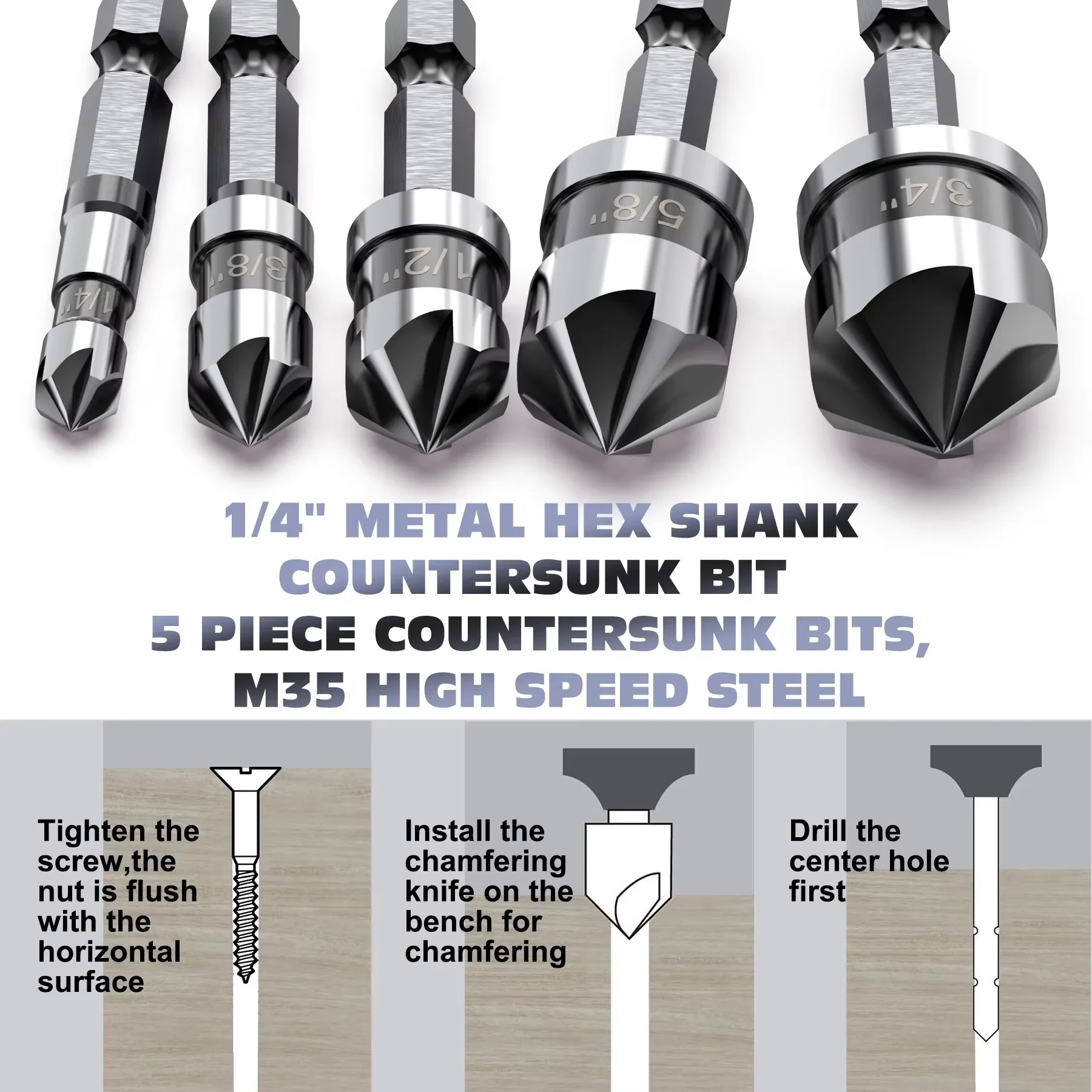 IPENKONE 5 Pcs M35 Cobalt Countersink Drill Bit Set For Metal 1/4'' 3/8'' 1/2'' 5/8'' 3/4'' Set Hex Shank Countersunk Bits