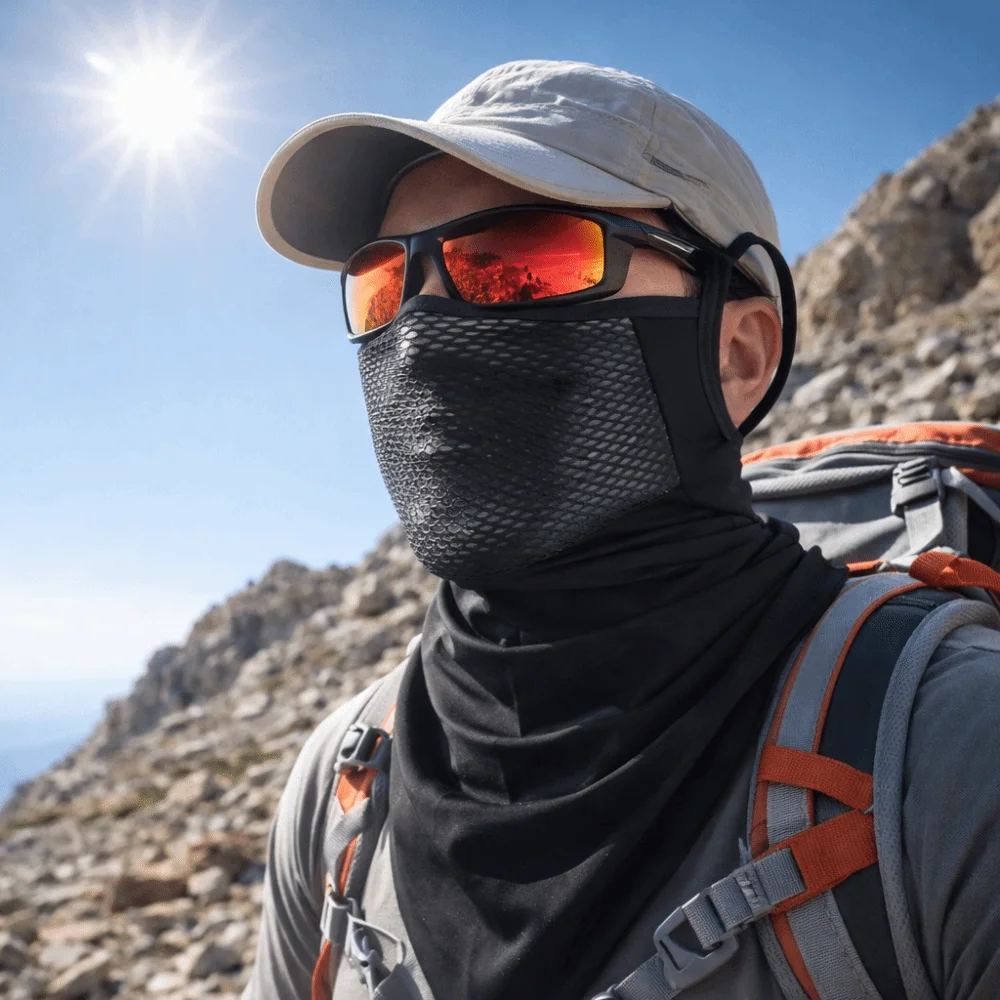 Atmungsaktive Netz-Gesichtsmaske aus Eisseide mit Ohrhaken-Design, Eisseidenschal mit verlängertem Saum, dreieckige Form, atmungsaktive Maske – Detail 7