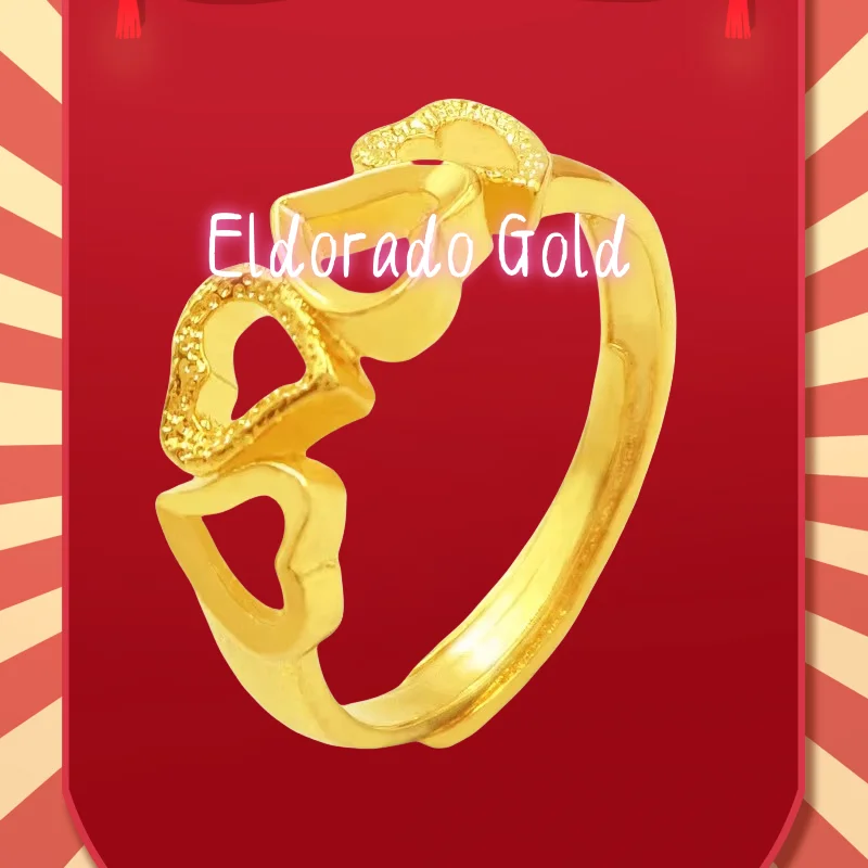 

2025 2025 9999 Real Gold 24K Yellow Jewelry Gold Ring Women's Hollow Love Heart to Heart Live Opening Women's Ring Four Hearts R