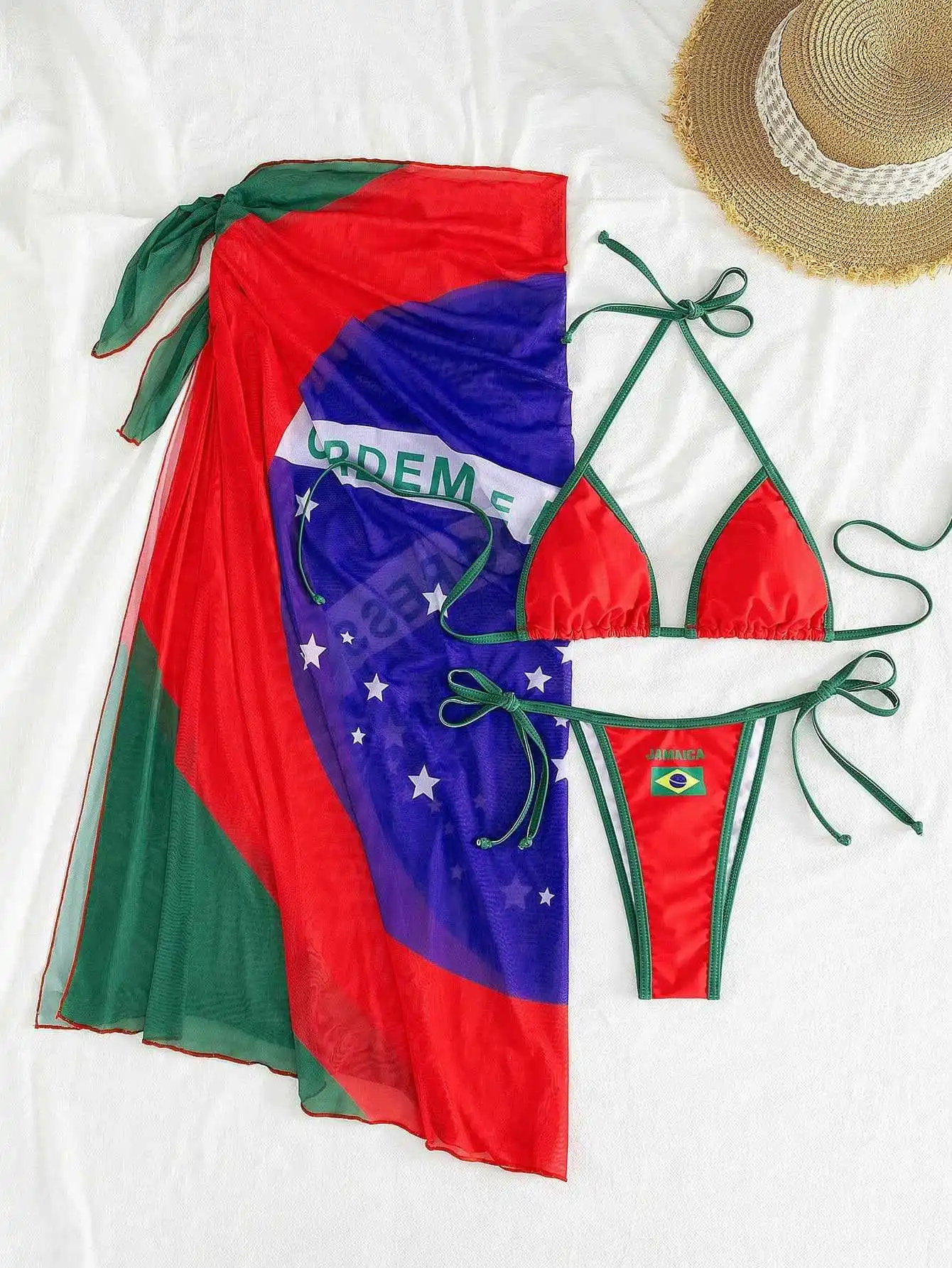 sexy Brazilian flag print bikinis sets 3pcs swimwear with long mesh cover skirt bathing suit swimsuits biquini tankini trikini