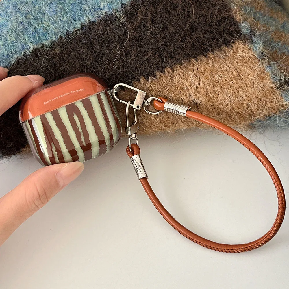 Luxury Stripe Contrast Color Case For AirPods 1 2 3 Pro 2 4 ANC Pro2 Earphone Protective Cover with Keyring Leather Rope Lanyard