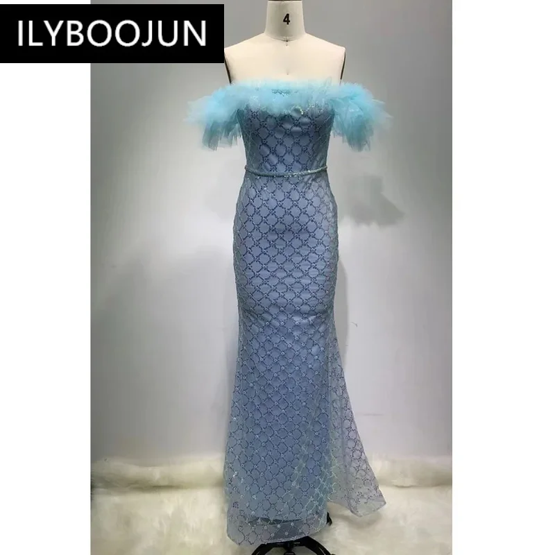 BY Women Celebrity Sexy Off Shoulder Sequins Sky Blue Mesh Ruffles Maxi Long Gowns Dress 2024 Evening Party Club Vestido Brand