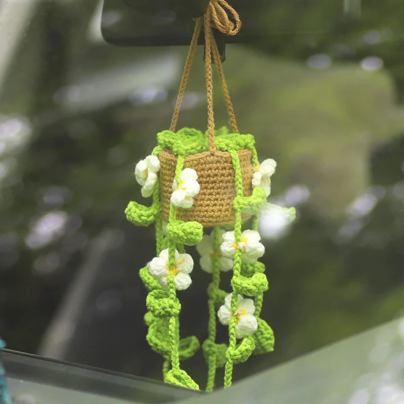 NEW Cute Potted Plants Crochet Car Basket,Hanging Plant Crochet for Car Decor,Car Ornament Rear View Mirror Hanging Accessories