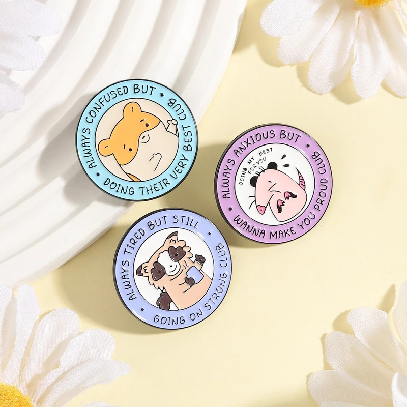 Always Anxious Tired Confused But Going On Strong Club Enamel Pin Raccoon Hamster Possum Animal Mood Club Brooch Animal Jewelry