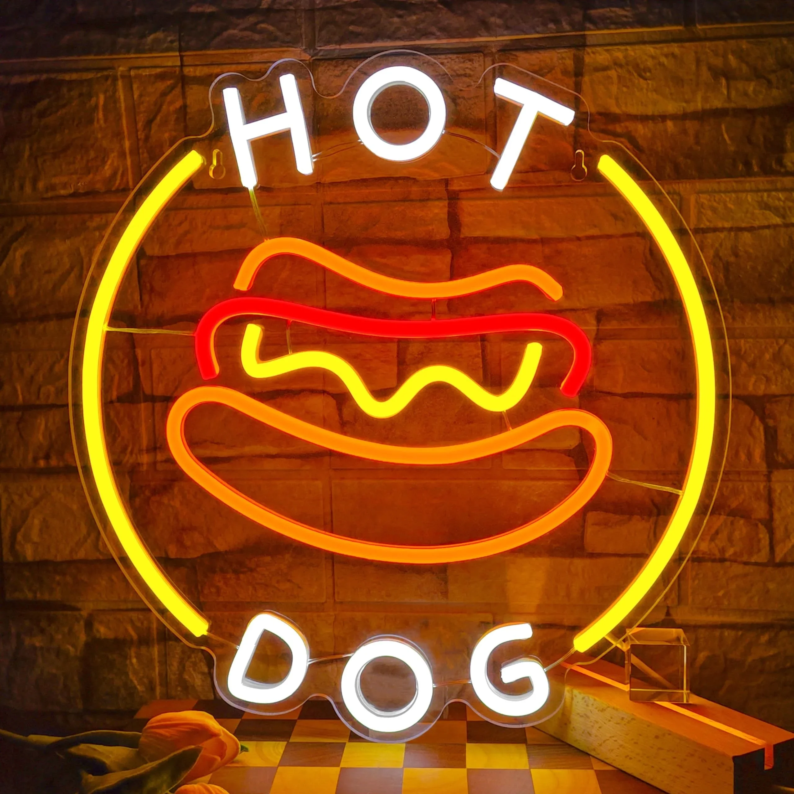 USB LED Hot Dog Neon Sign Wall Light Dimmable Fast Food Decor for Burger Shop BBQ Cafe Bar Garage Kitchen Restaurant Window Art