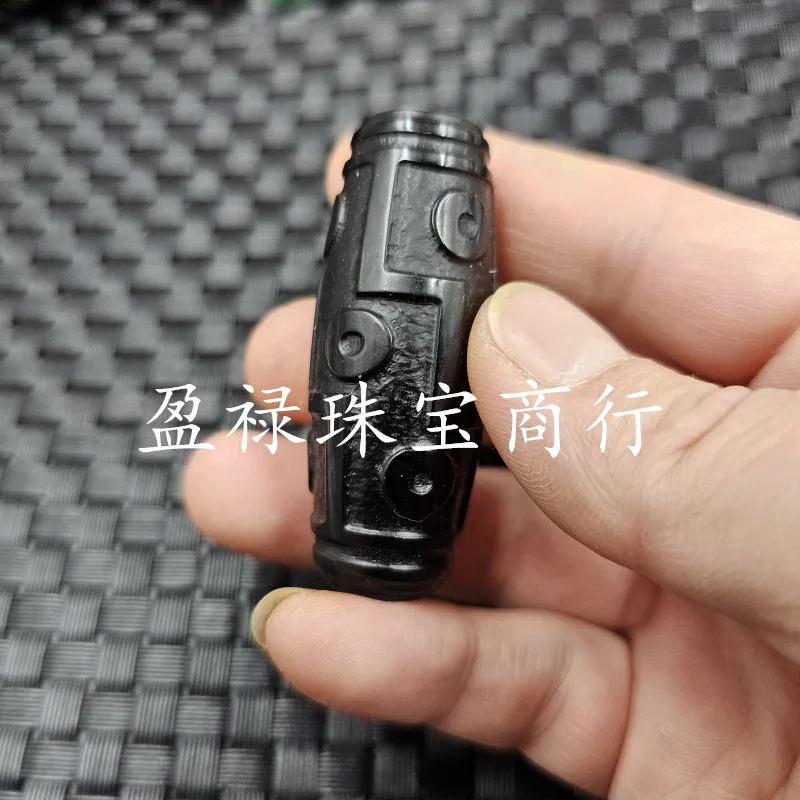 Hetian Nine-Eyed Dzi Loose Ink Jade Pendant Necklace Bead Handheld Piece