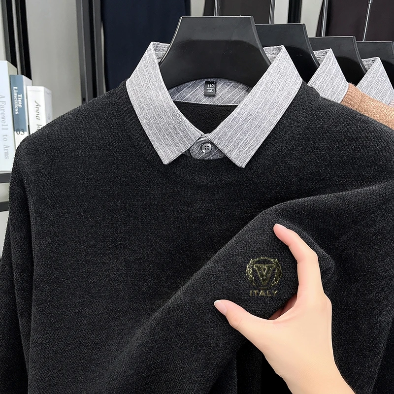 Vendite calde Maglione lavorato a maglia da uomo di alta qualità Colletto della camicia Stampa a V Pullover addensato Moda business britannica Abbigliamento invernale caldo da uomo