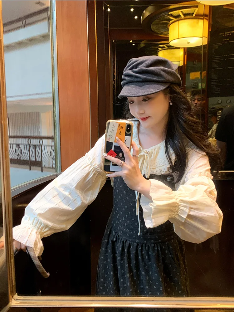 

Женская блузка с длинным рукавом, розово-бежевая, с вырезами на воротнике, рукава-фонарики, двухслойная, осенне-зимняя, новая модель, свободный крой