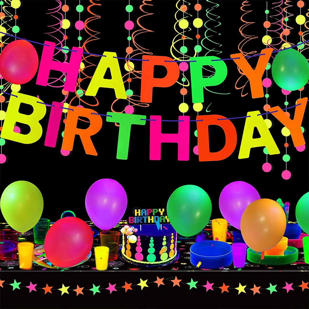 Neon Glücklich Geburtstag Banner Blacklight Partei Liefert Glow in The Dark Geburtstag Banner Schwarz Licht Reaktiven UV Party Zubehör – Detail 5