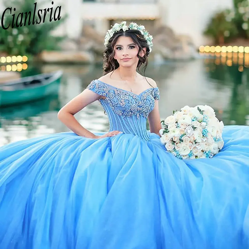 Abiti da principessa Quinceanera semplici azzurri Abito da ballo con spalle scoperte Perline di cristallo Dolce 15 anni Messicano personalizzato
