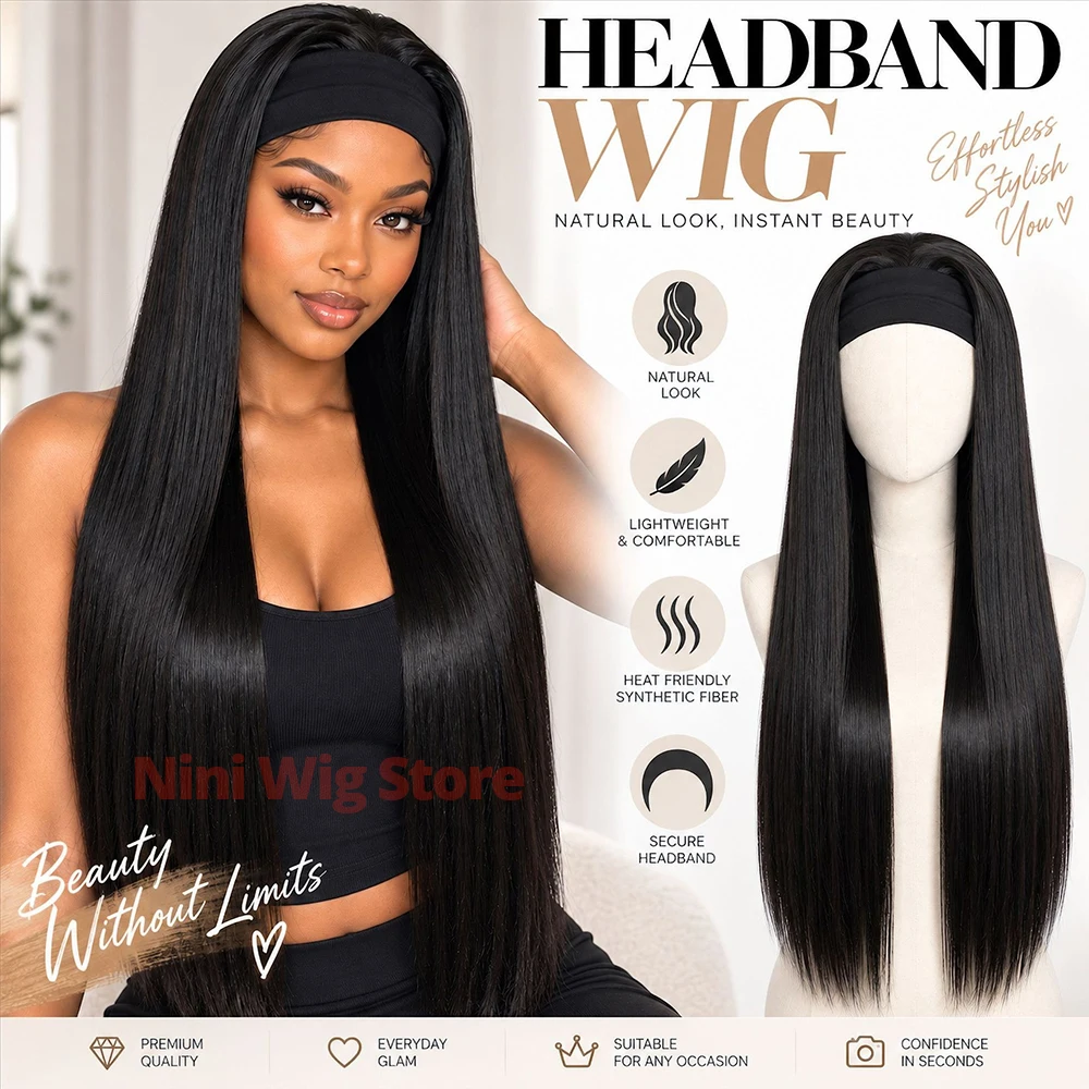 Headband Wig 34Inch Black Long Straight Synthetic Wig for Black Women Halloween Daily Party, No Glue Easy Wear Daily Party Wigs
