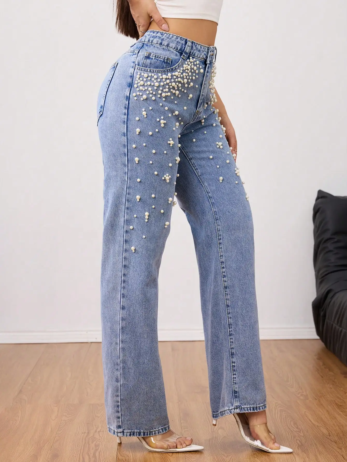 WGXWGX Women's High-Waisted Wide-Leg Jeans Pearl Embellished Vintage Wash Casual Party Denim Cotton Blend