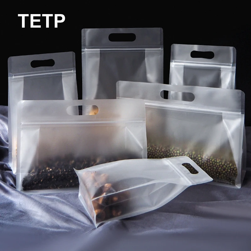 TETP 50 sztuk matowe do pakowania żywności torby z rączką podróży w domu przekąski ciasteczka do herbaty przechowywania uszczelnienie plastikowy zamek błyskawiczny z możliwością wielokrotnego zamykania