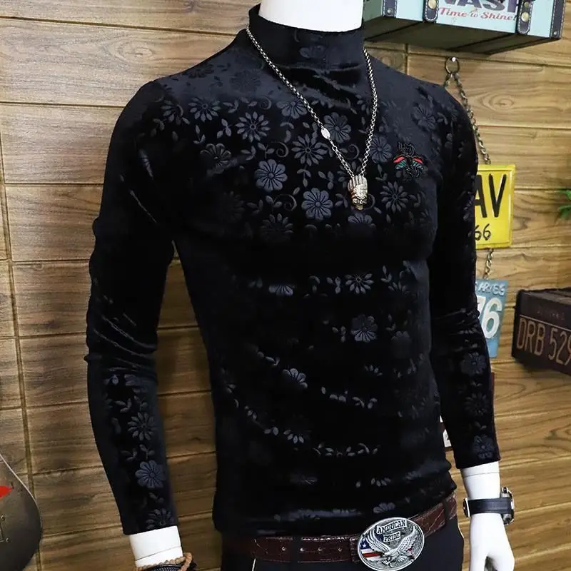 Men's autumn and winter velvet warm shirt, slim fit embroidered high-quality T-shirt, fashionable, personalized and handsome top