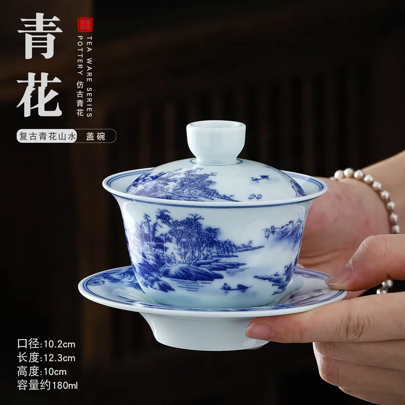 Chinese Retro Sancai Gaiwan Blue and White Tea Tureen Ceramic Teaware Tea Cup Set Handmade Porcelain Gongfu Tea Bowl Cups