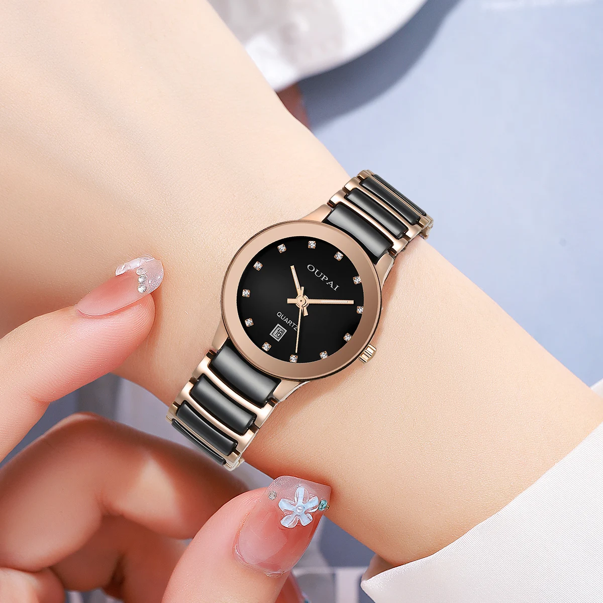 Часы Oupai, женские черные керамические японские кварцевые часы, модный простой календарь со шкалой со стразами