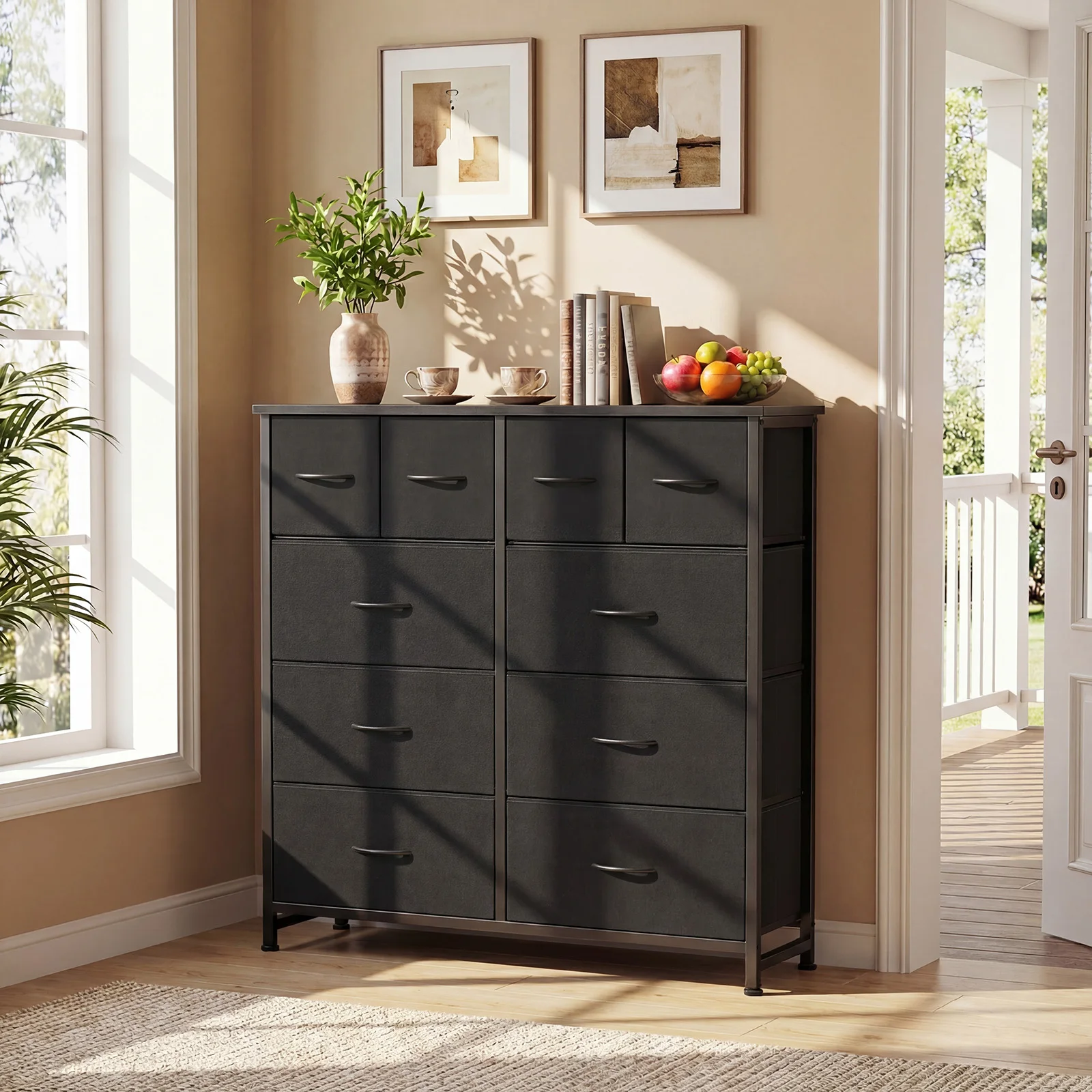 JHK Living Room Tall 10 Fabric Drawers with Cabinet Side Bag Cabinet Storage Organizer Cabinet Steel Frame Assembly Closet For Furniture