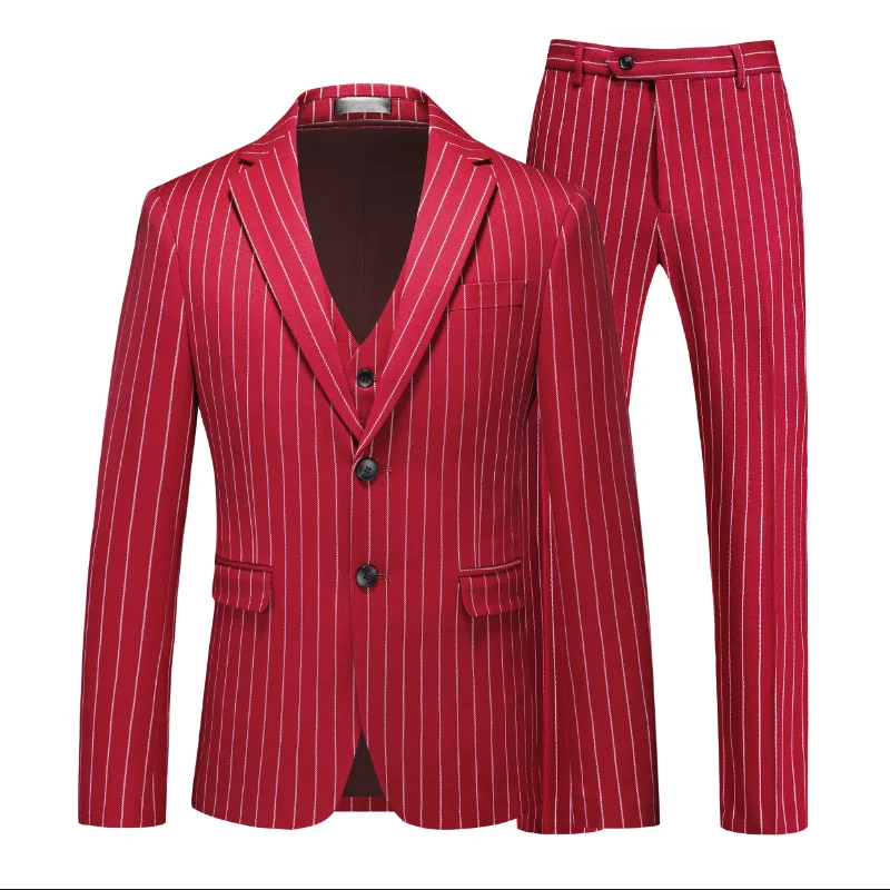 

2026 New Men's Red Striped Three-piece, Wedding Business Men Sets, White Blue Black Terno Masculino Asian Sizes Costume Homme