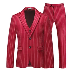 2026 New Men's Red Striped Three-piece, Wedding Business Men Sets, White Blue Black Terno Masculino Asian Sizes Costume Homme