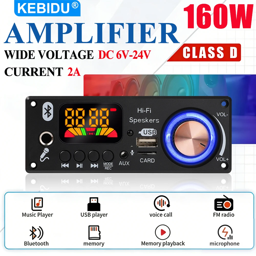 KEBIDU 160W Amplifier Bluetooth MP3 WAV Decoder Board 6.5mm Microphone FM TF USB Car Audio Module Music Player Volume Control