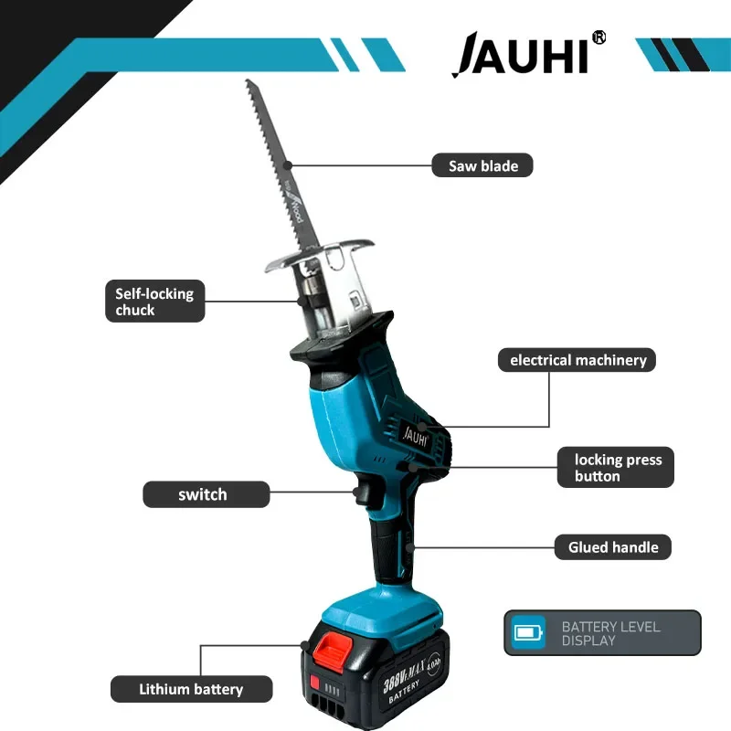 JAUHI-Sierra alternante inalámbrica, herramienta eléctrica de 18V, velocidad ajustable, corte de tubos de PVC, Metal y madera