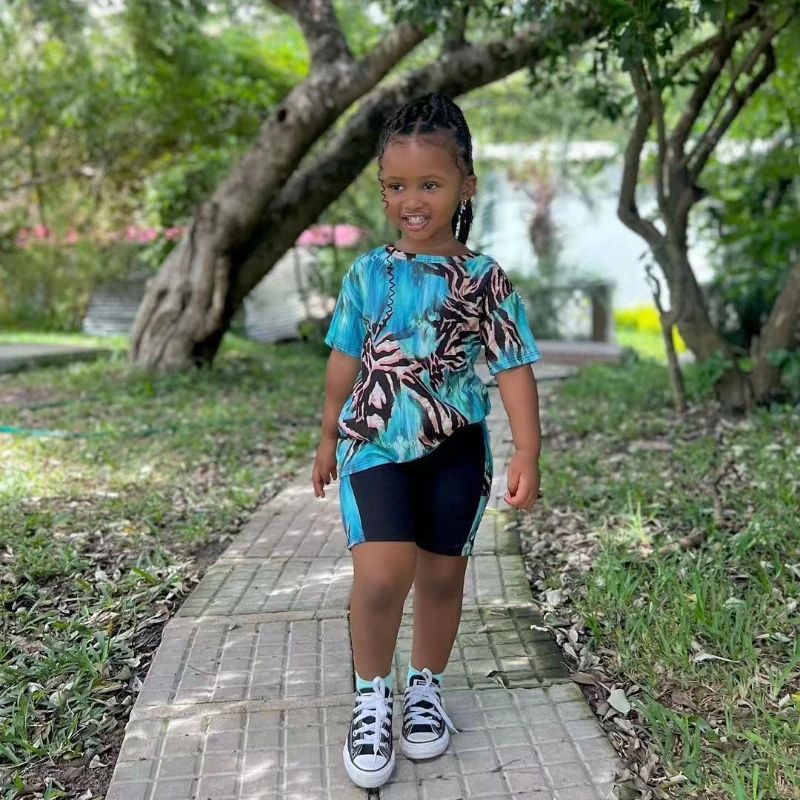 2024 Summer Toddler Girls Clothes 2pcs/set Short Sleeve Blue T-shirt+Patchwork Short Pants Kids Baby Casual Clothing Outfits