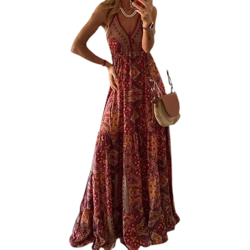 Sexy Holiday Print Dr Women's Strapl Gown Summer Long Skirt V-Ne A-Line Maxi Dr High Waist Floral Pattern