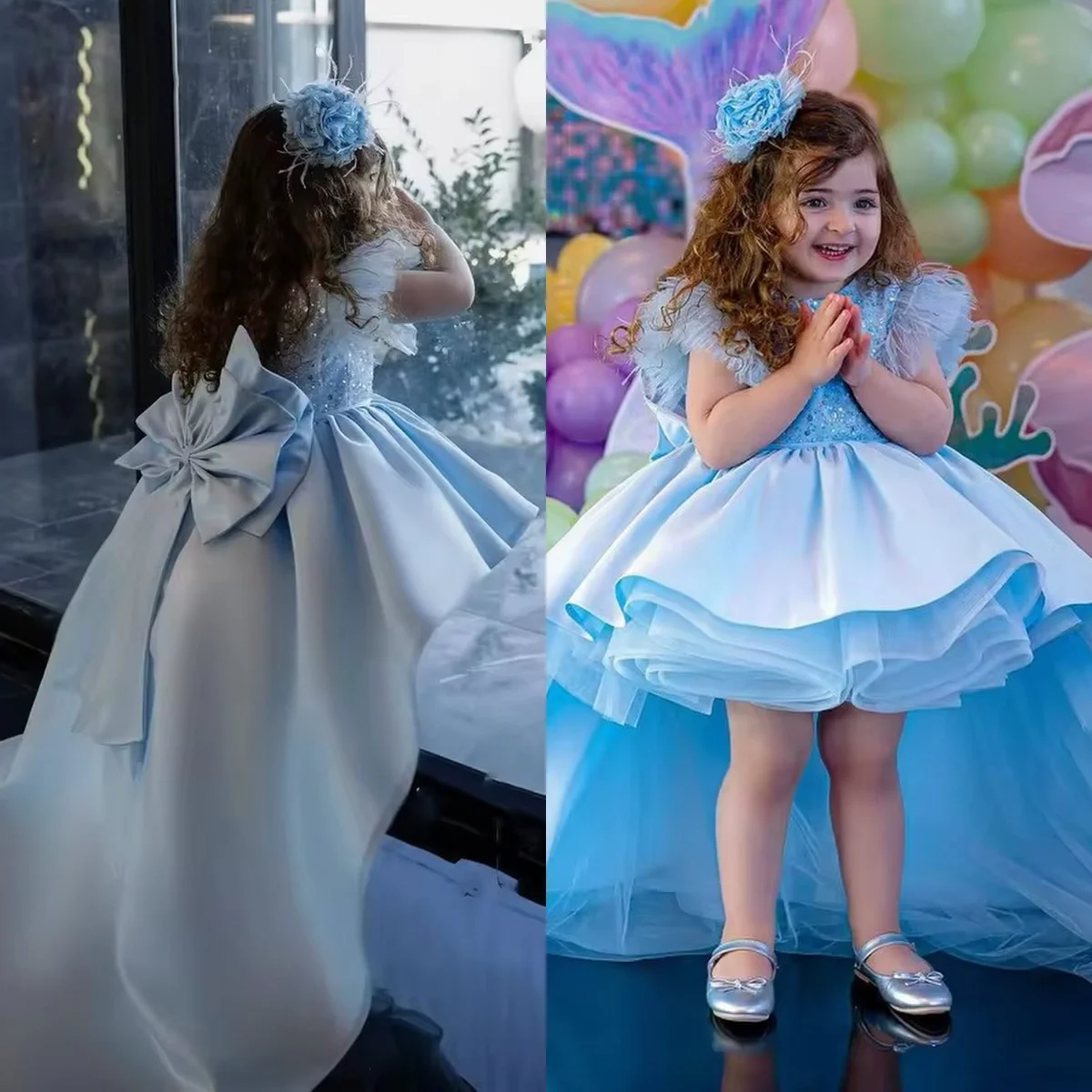 

Sky Blue Flower Girl Dresses High Low Sequined Bow Children Birthday Party Gowns Ruffles Kids Wedding Guests Dresses