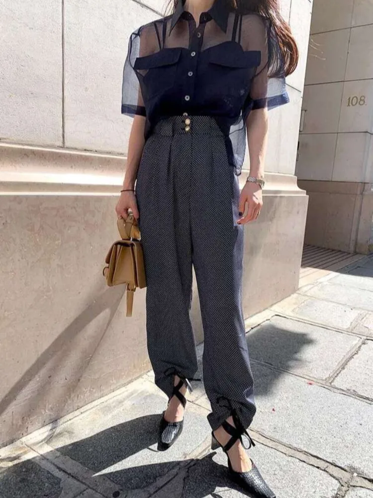 Elegancka, seksowna, luźna bluzka z bufiastymi rękawami, cienka, prześwitująca, zapinana na jeden guzik, z kołnierzykiem typu flip, codzienna bluzka damska.