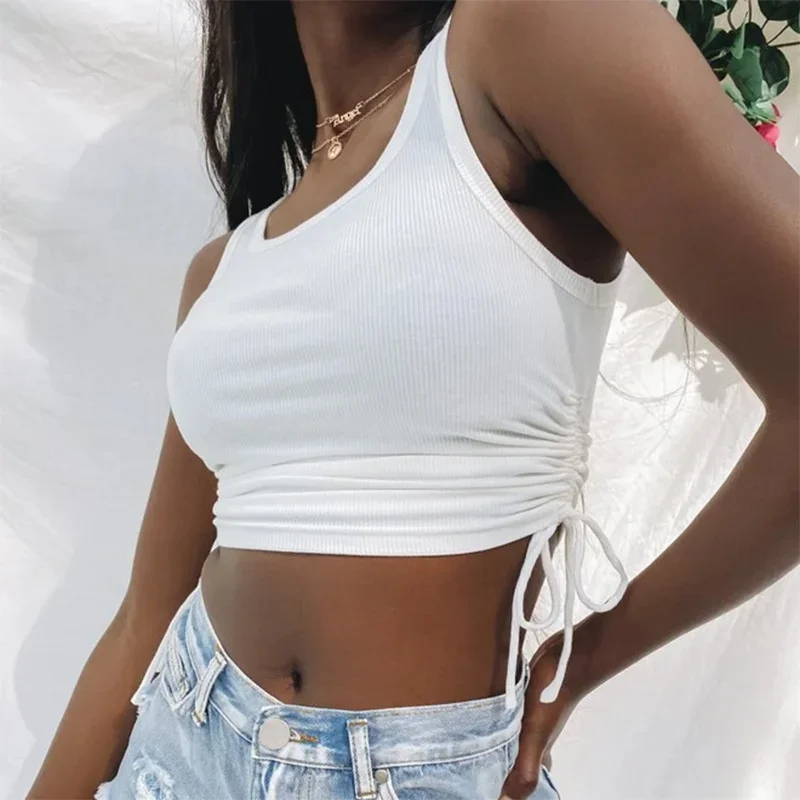 Women Sexy Solid Tank Tops Ribbed Knitted Elastic Crop Tops Off Shoulder Stretch Vest Ruched Drawstring Adjustable  Tee