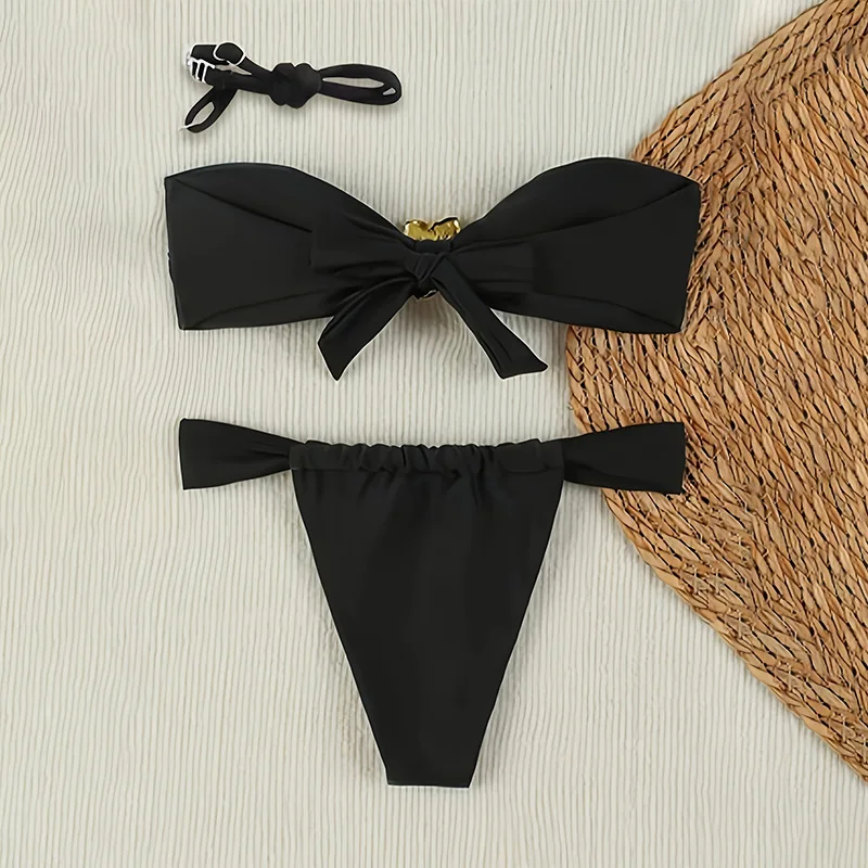 Women Bandeau Bikini Set Gold Flower Decor Two Piece Swimsuit Removable Shoulder Straps Beach Bathing Suit