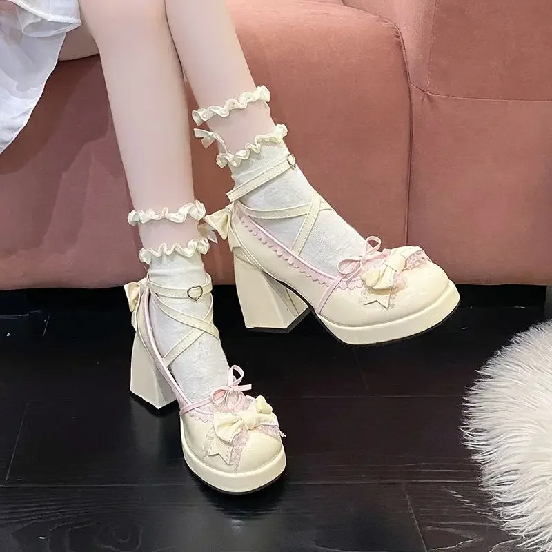 

​Sweet Lolita Style Mary Jane Shoes Women Round Square Toe Bow Adorned High Platform Heel Fashion​