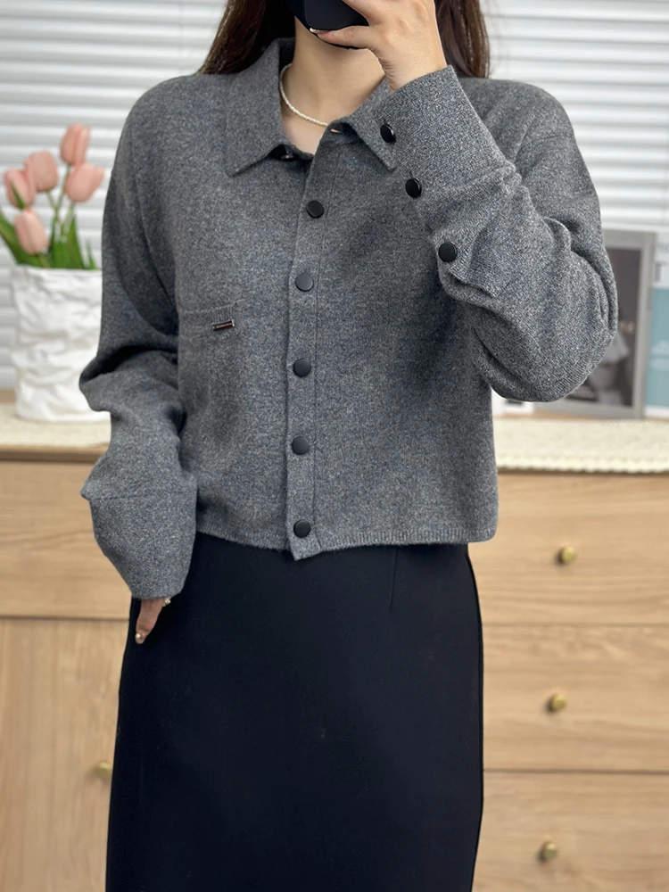 

Women's Thin Cashmere Sweater, Polo Collar, Light Luxury, Short, Soft Wool Cardigan, Coat in Gray, Autumn and Winter