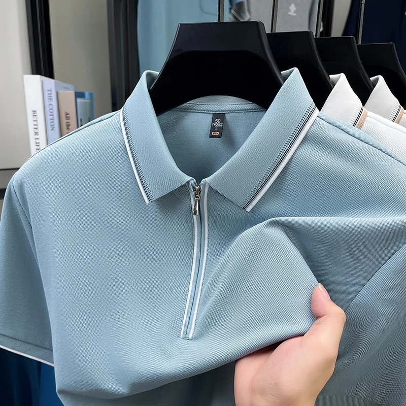 

Men's Half Zipper Cotton Polo Shirt Luxury Brand Summer Business Seamless Silk Short Sleeved Iron Free Lapel T-shirt Men's Wear