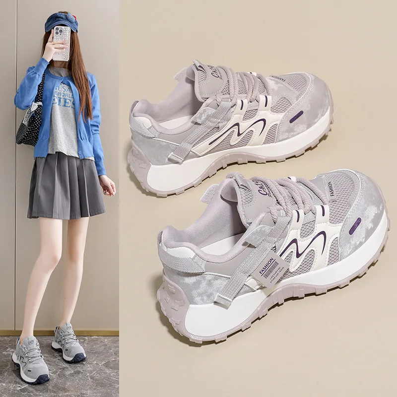 

2026 Women's Spring Dad Shoes New Korean Edition Thick Bottom Sports Running Height Increasing Casual Shoes