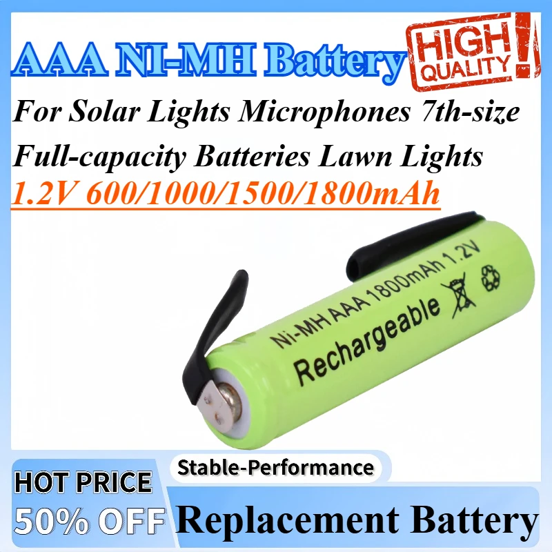 

1.2V 0.6/1/1.5/1.8Ah AAA Rechargeable NI-MH Battery For Solar Lights Microphones 7th-size Full-capacity Batteries Lawn Lights