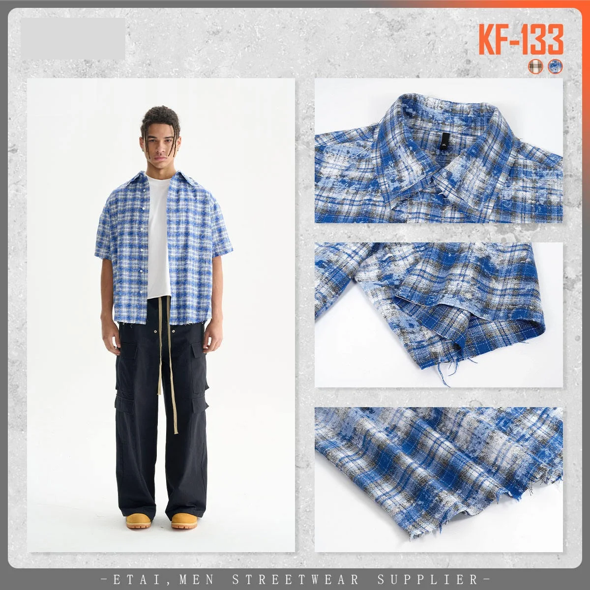 Men's Blue Retro Frayed Edges Plaid Shirt Fashion Oversized Vintage Dirty Clothes High Quality Batik Hip Hop Streetwear Unisex
