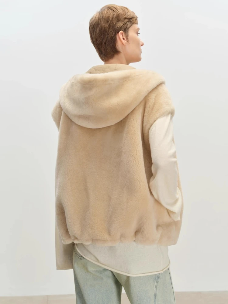 High-end Luxury Merino Sheep Fur Sleeveless Vest Jackets Women Autumn Winter Simple Short Hooded Genuine Leather Real Fur Coat