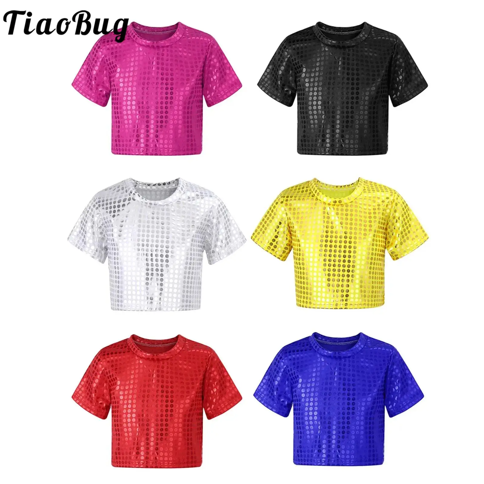 

Kids Sequins Modern Jazz Dance Costume Boys Girls Shiny Short Sleeve Loose T Shirt Crop Top Street Dance Performance Clothes