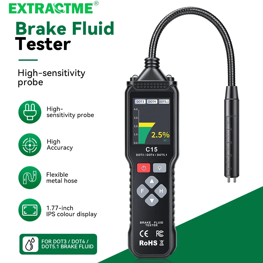 Digital Brake Fluid Tester C15 10 Levels Adjustable Backlight LED Light Buzzer Volume Auto Shut Off Brake Fluid Water Detector