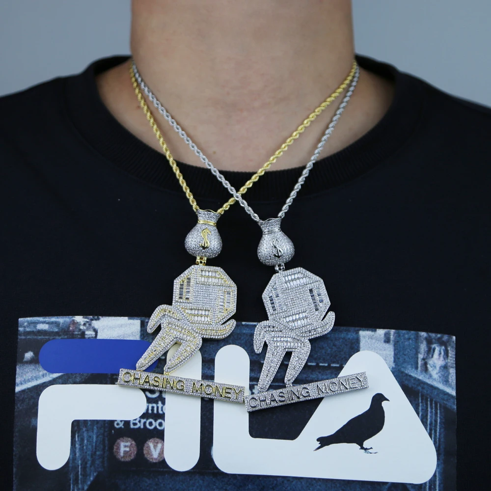 Iced Out Bling Silver Gold Color Hip Hop Fashion Jewelry Micro Paved Cz Letters Chasing Money Dollar Boy Men's Pendant Necklace